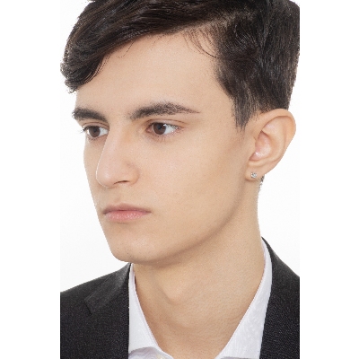 Mono orecchino in oro Bianco 18k a 4 griffe onda con diamante, Uomo