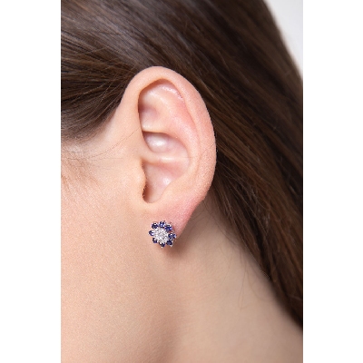 18k white gold cluster earrings with blue sapphire and diamonds