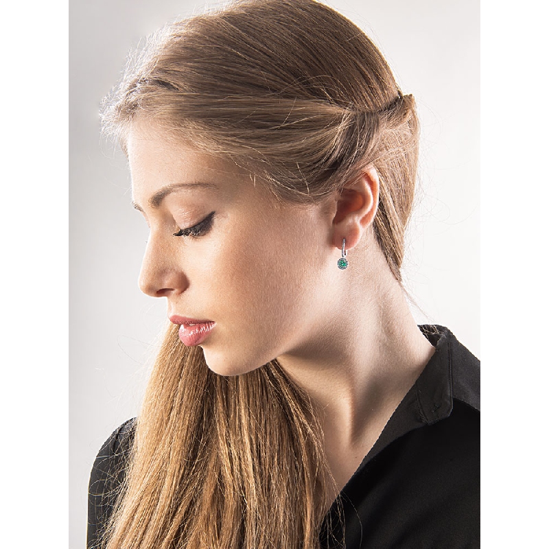 White gold 18k drop earrings with emeralds and diamonds halo 