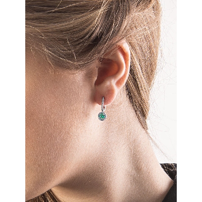 White gold 18k drop earrings with emeralds and diamonds halo 