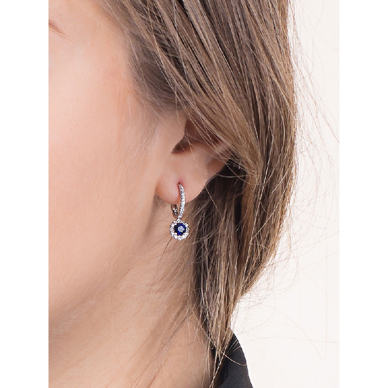 White gold 18k hoops prong setting with blue sapphires and diamonds halo