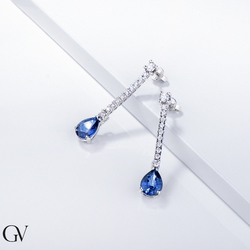 White gold 18k drop earrings with diamonds and blue sapphires