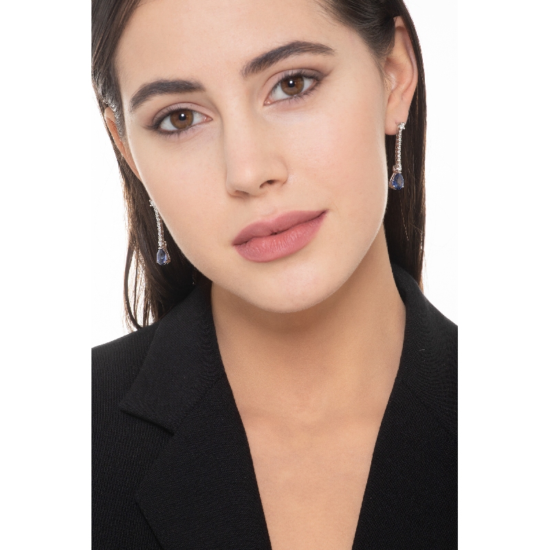 White gold 18k drop earrings with diamonds and blue sapphires