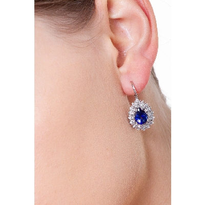 White gold 18k drop halo earrings with diamonds and blue sapphires 