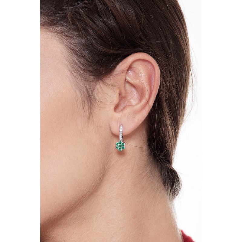 White gold 18k drop earrings with diamonds and emeralds flower shaped 