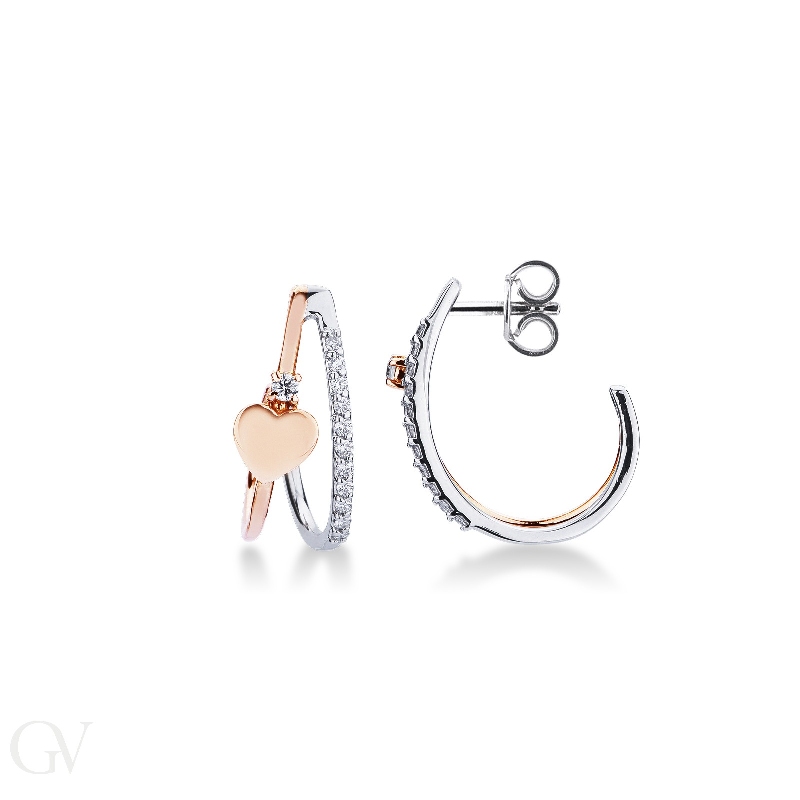 White and rose gold 18k half hoops with heart and diamonds 