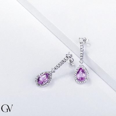 White gold 18k drop earrings with diamonds and pink sapphires 