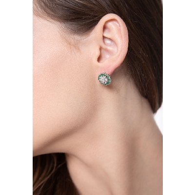 18k white gold round stud cluster earrings with diamonds and emeralds