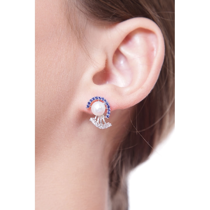 White gold 18k earrings with pearls, blue sapphires and diamonds 