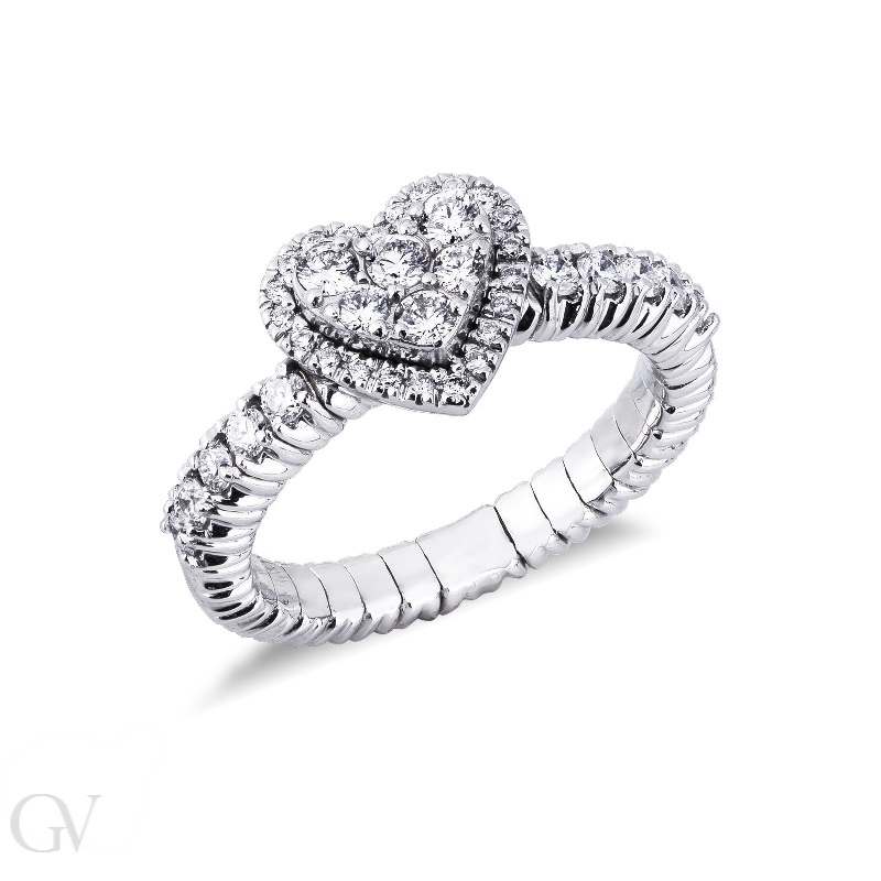 Elastic ring with diamonds heart in white gold 18k