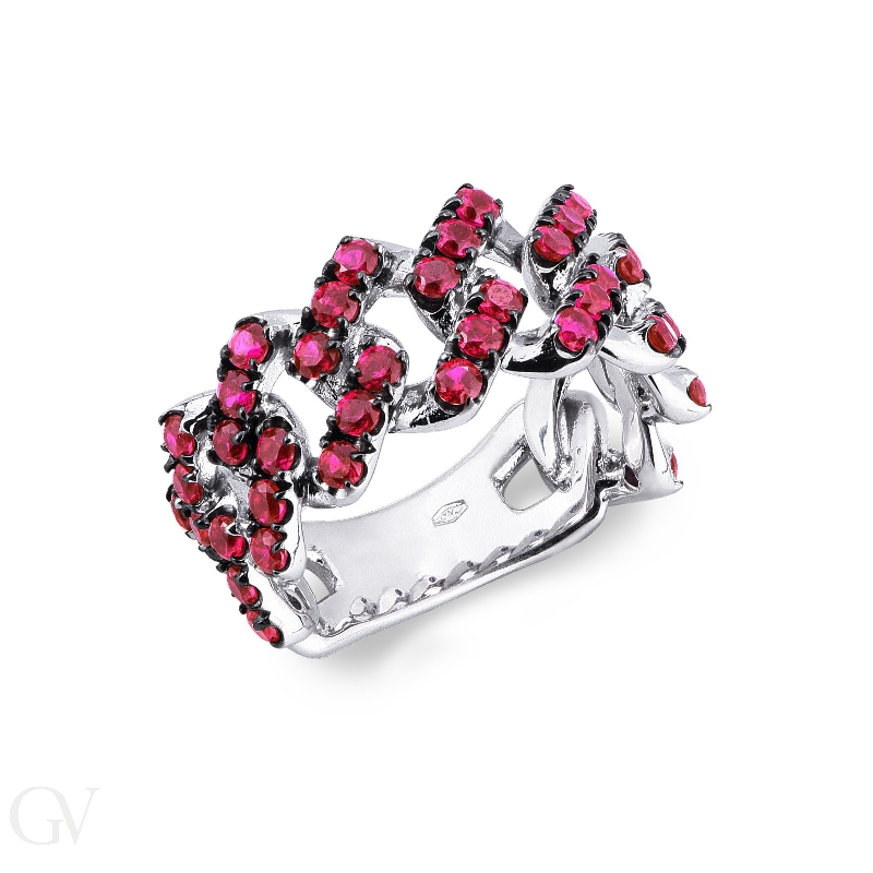 White gold 18k cuban chain link ring with rubies 