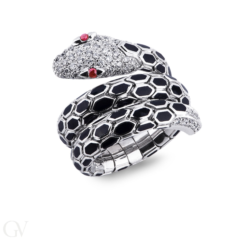 Snake ring in white gold 18k with diamonds and rubies 