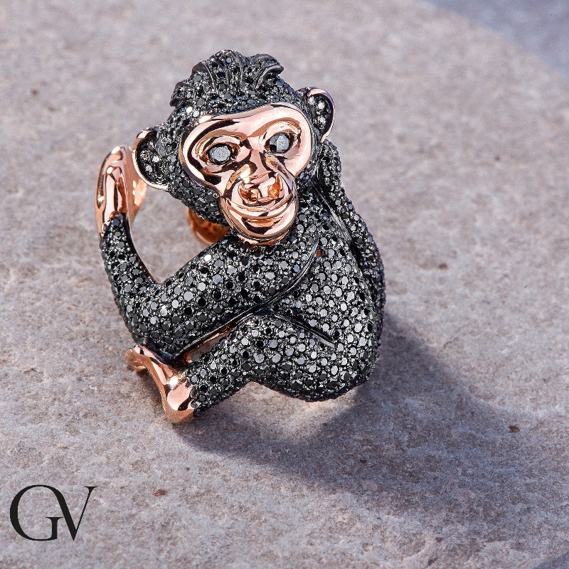 18k rosé gold monkey ring with black diamonds 