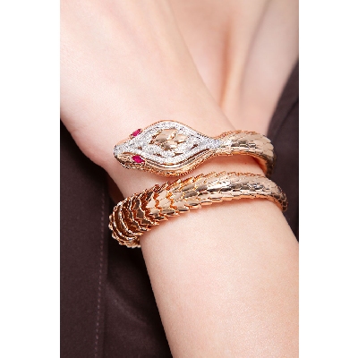 18k rose gold rigid snake bracelet with diamonds and rubies