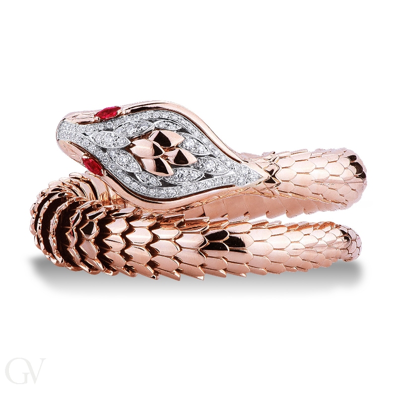 18k rose gold rigid snake bracelet with diamonds and rubies