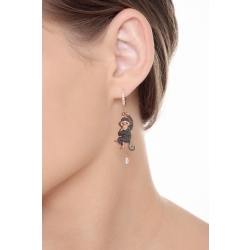 Rose and white gold 18k drop earrings with monkeys in black and white diamonds  2