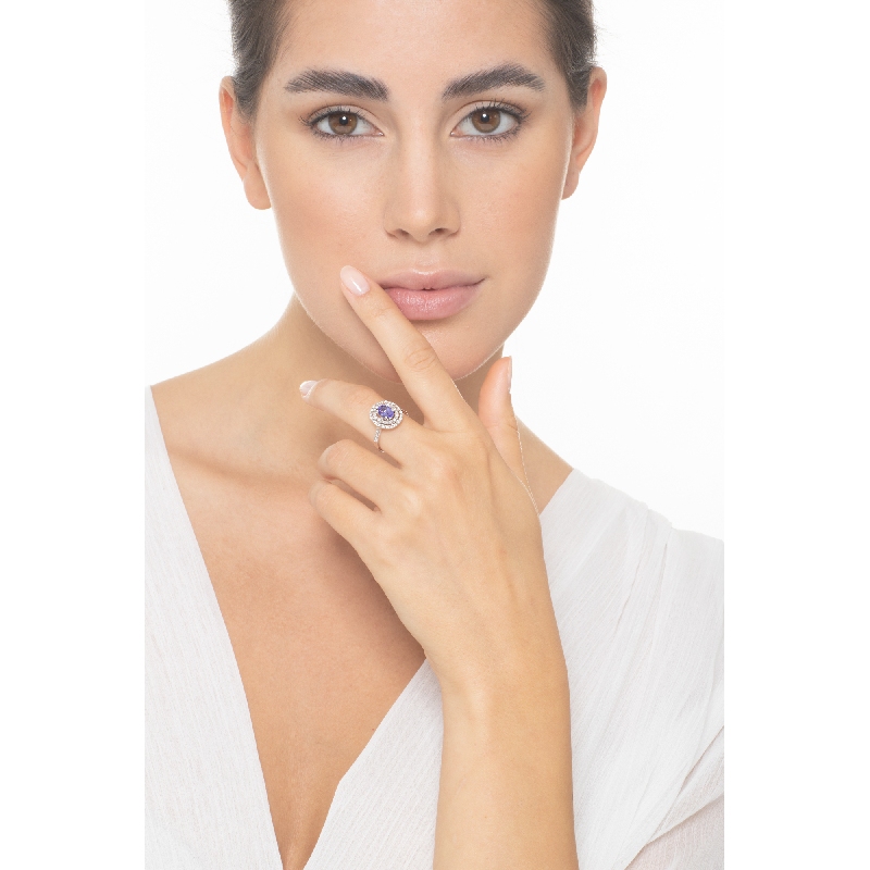 White gold 18k double halo ring with diamonds and tanzanite