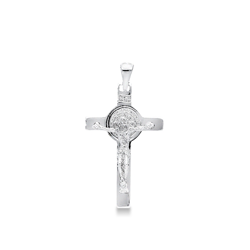 Religious cross pendant in 18k white gold