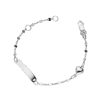 18k white gold bracelet with small heart charm and engravable platelet