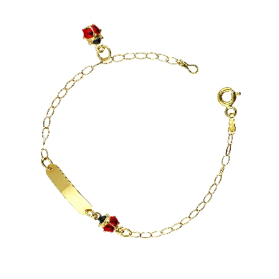 Bracciale in oro giallo 18k con coccinelle e piastrina incidibile.