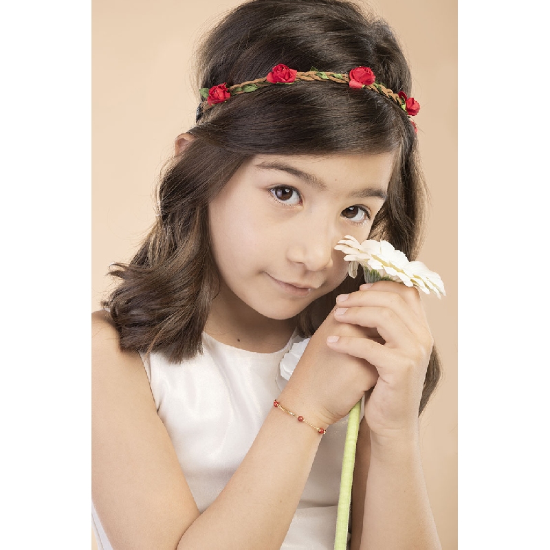 18k yellow gold bracelet with 6 red spheres and an engravable platelet