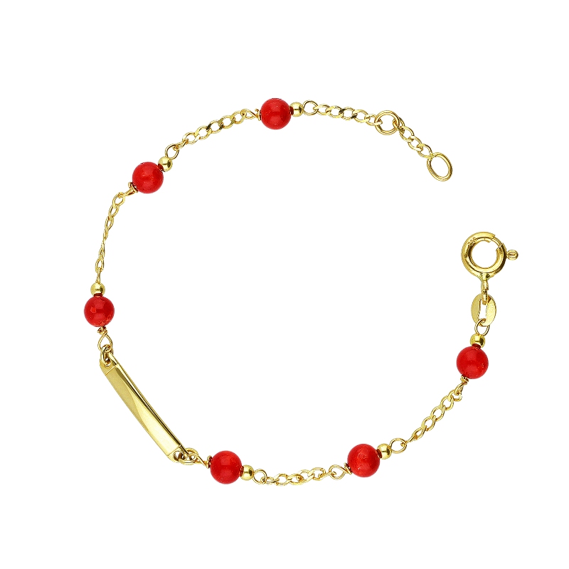 18k yellow gold bracelet with 6 red spheres and an engravable platelet