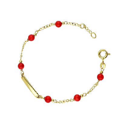 18k yellow gold bracelet with 6 red spheres and an engravable platelet