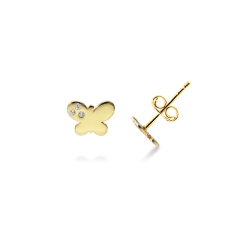Butterfly earrings with round cut zircons in 18k yellow gold