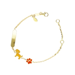 18k yellow gold bracelet with engravable platelet, orange paw and yellow dog charms