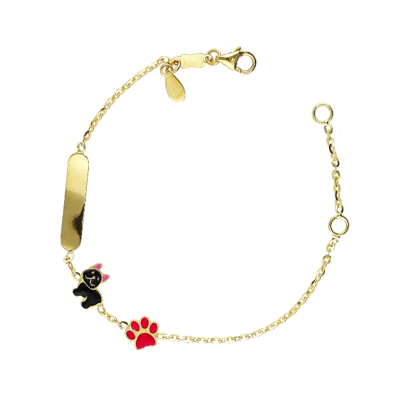 18k yellow gold bracelet with engravable platelet, pink paw and french bulldog charms
