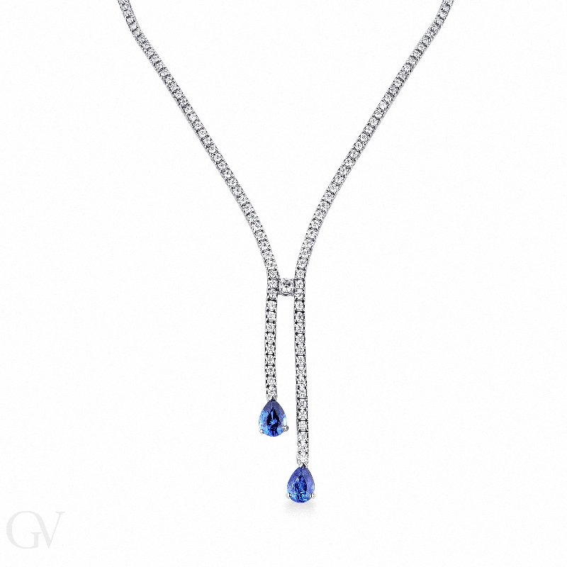 Diamond tennis necklace with 2 pear cut blue sapphires