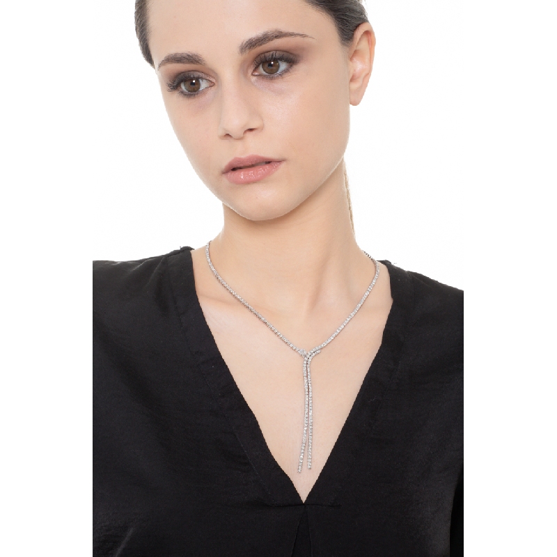 Collana tennis a filo a cascata in oro bianco 18k e diamanti
