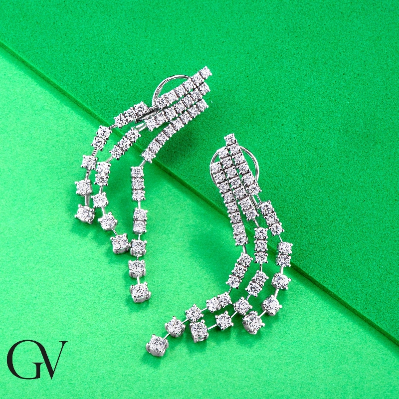 Orecchini tennis  in oro bianco 18k a tre file con diamanti