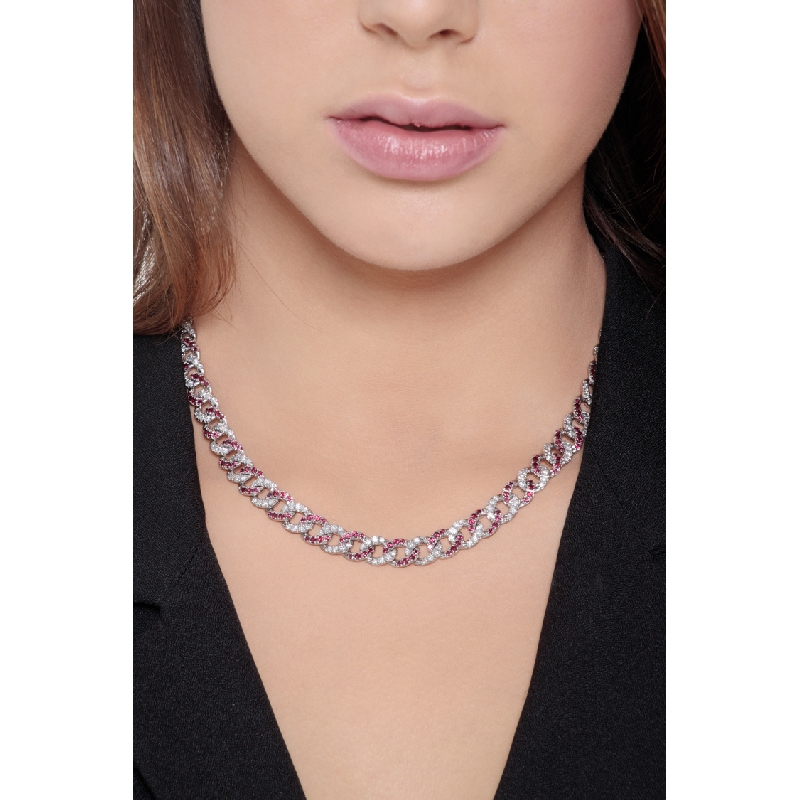 Cuban chain in 18k white gold with rubies and diamonds