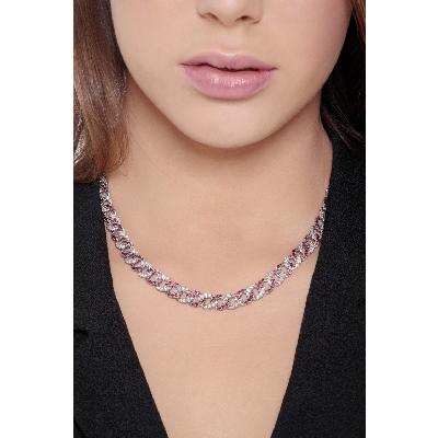 Cuban chain in 18k white gold with rubies and diamonds