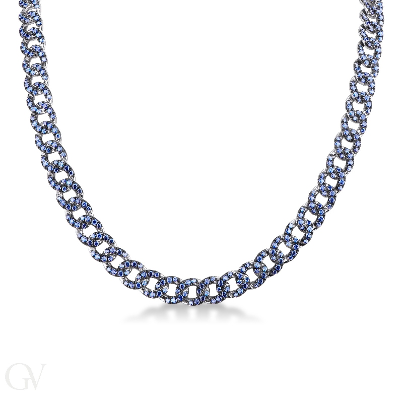 Cuban chain in 18k white gold with blue sapphires