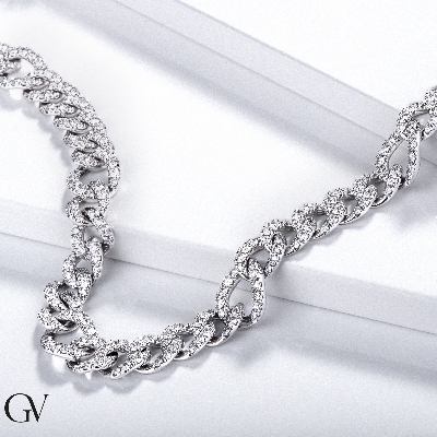 Collana maglia groumette in oro bianco 18k con diamanti, larghezza maglia circa 8,2 mm