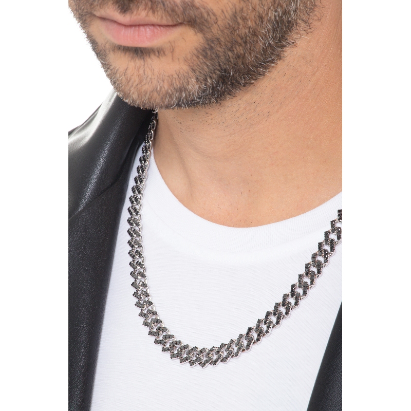 Collana maglia Cuban Link in oro bianco 18k con Diamanti neri. Punte brunite