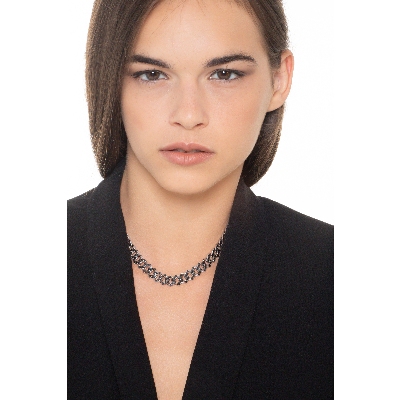 Collana maglia Cuban Link in oro bianco 18k con Diamanti neri. Punte brunite