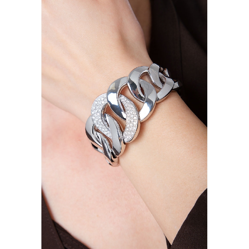 Rigid cuban bracelet in 18k white gold with diamonds