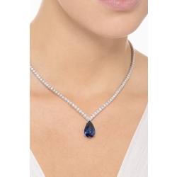 Gradueted tennis chain in 18k white gold with a big  pear cut blue sapphire and diamonds 2