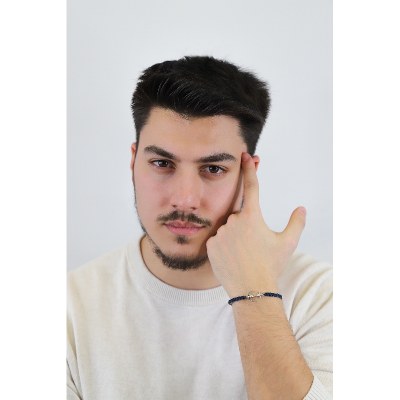 BRACCIALE uomo CON ANCORA IN BRILLANTI, TESSUTO BLU