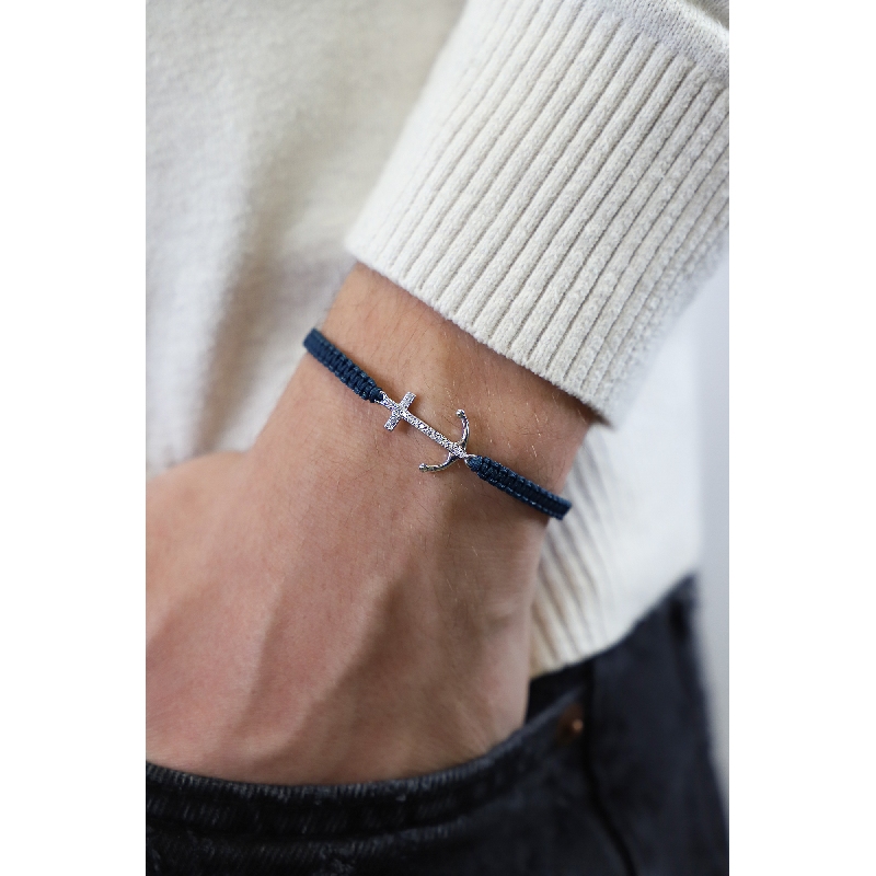 BRACCIALE uomo CON ANCORA IN BRILLANTI, TESSUTO BLU