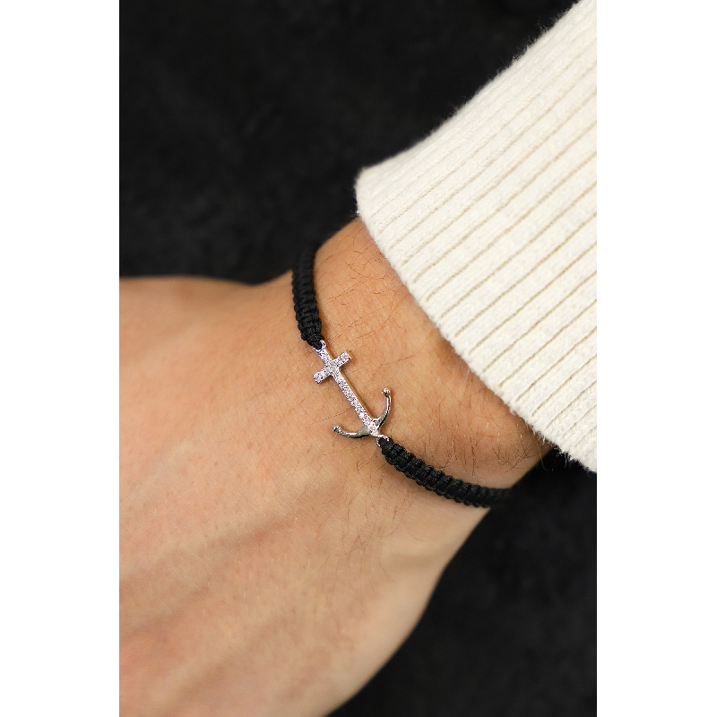 BRACCIALE uomo CON ANCORA IN BRILLANTI, TESSUTO NERO