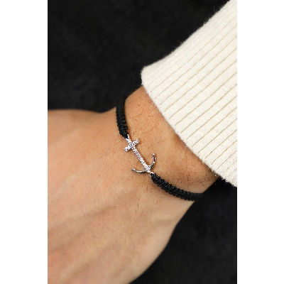 BRACCIALE uomo CON ANCORA IN BRILLANTI, TESSUTO NERO