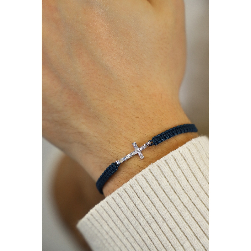 BRACCIALE uomo CON CROCE IN BRILLANTI, TESSUTO BLU.