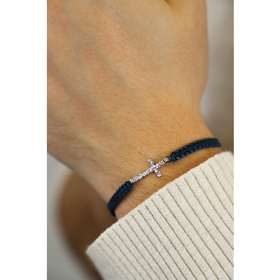 BRACCIALE uomo CON CROCE IN BRILLANTI, TESSUTO BLU.