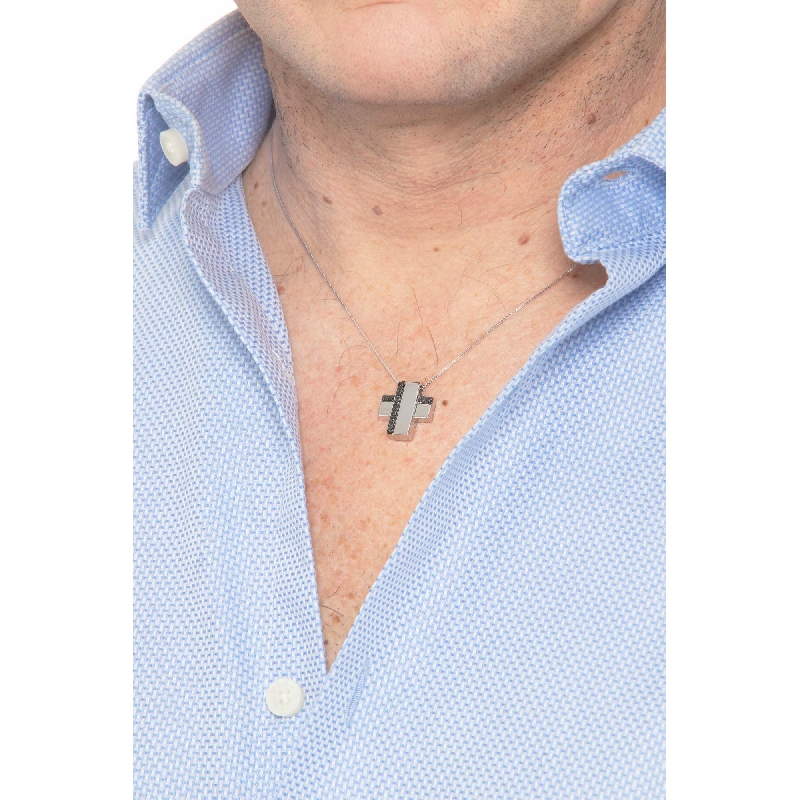 Men cross pendant with black diamonds in 18k white gold