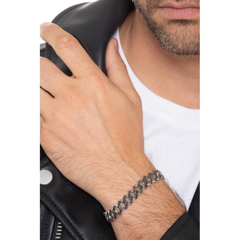 Bracciale maglia Cuban Link in oro bianco 18k con Diamanti neri. Punte brunite