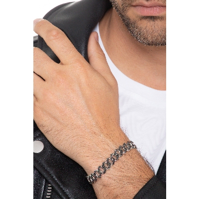 Bracciale maglia Cuban Link in oro bianco 18k con Diamanti neri. Punte brunite